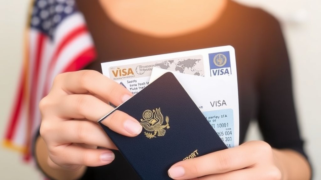 A photo of a person holding a passport and a visa, with a subtle background image of the US flag or a map of the world, conveying a sense of hope and relief.