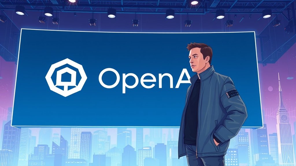 A futuristic illustration of Elon Musk standing in front of a massive screen displaying the OpenAI logo, with a cityscape in the background representing the intersection of technology and business.