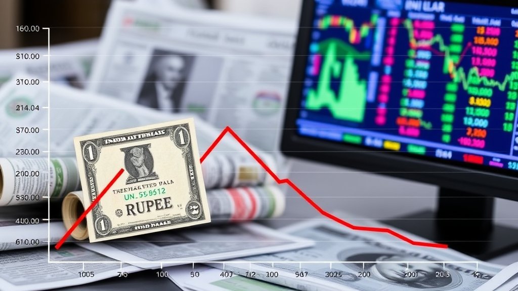 A graph showing the decline of the Indian Rupee against the US Dollar, with a background of financial newspapers and a computer screen displaying stock market data.