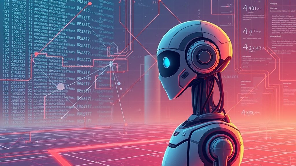 A futuristic illustration of a robot learning to navigate a complex environment, with a subtle background of code and mathematical equations