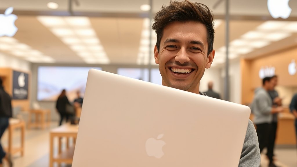 A photo of a person holding a brand new MacBook Pro with a happy expression, with an Apple store or service center in the background.