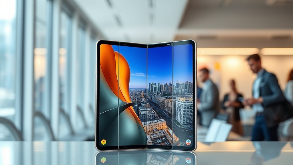 A high-quality image of the Samsung Galaxy Z Fold 7 in its unfolded state, with a cityscape or a busy office environment in the background, highlighting its large screen and multitasking capabilities.