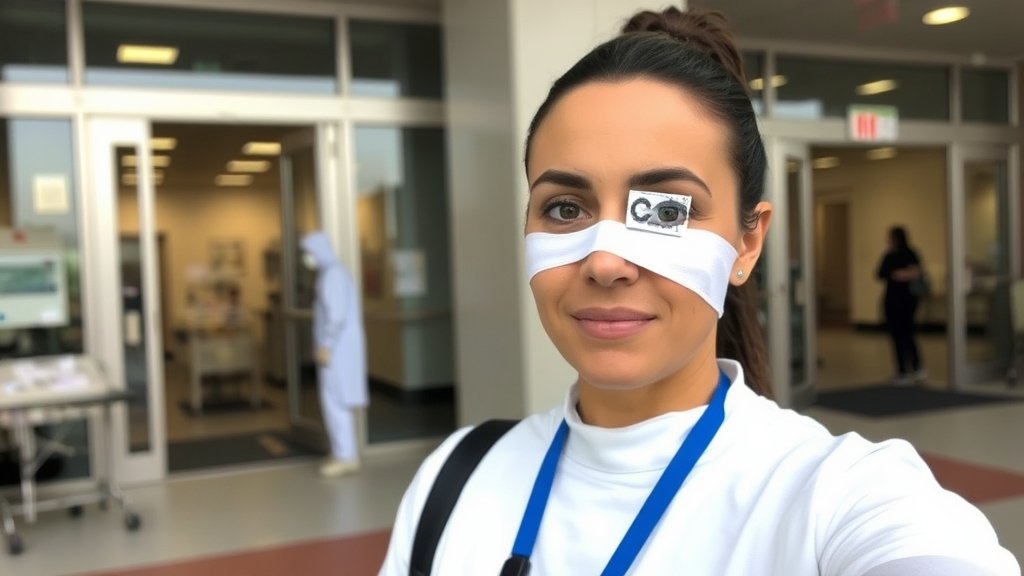 A photo of Nikki Tamboli with a bandage on her right eye, standing outside a hospital, with a subtle background of medical equipment and personnel.