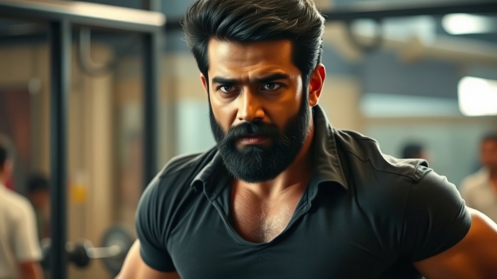 A photo of Ram Charan in a rugged look, possibly with a beard and muscular physique, with a background of a gym or a film set