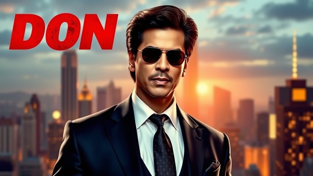 A photo of Shah Rukh Khan in a suit, with a city skyline in the background, symbolizing his return to the Don franchise