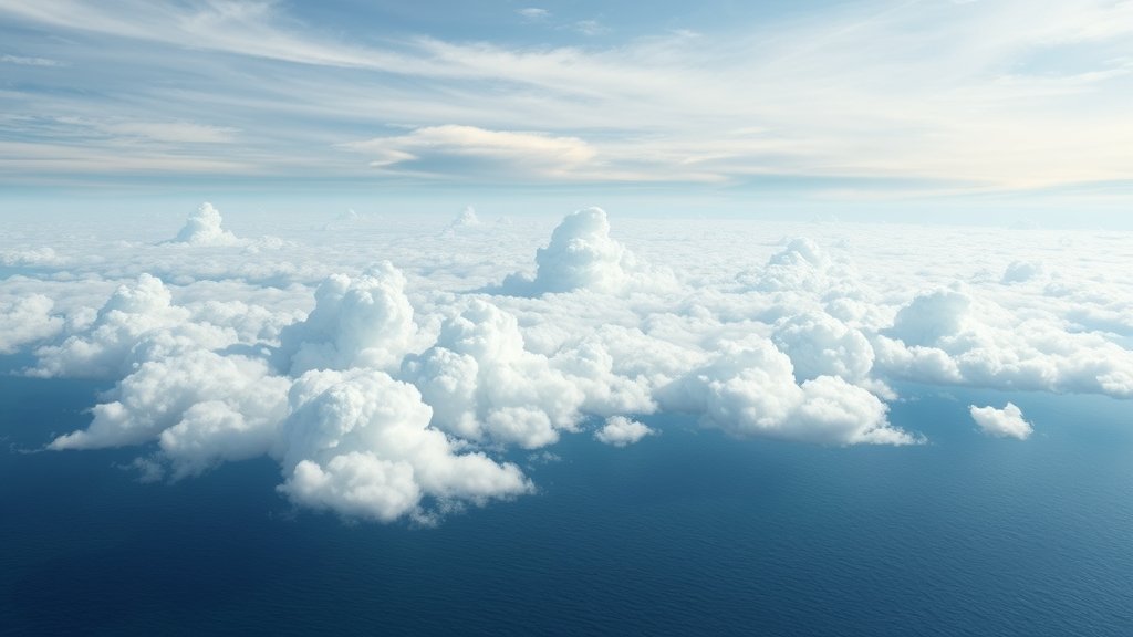 A detailed illustration of stratocumulus clouds over the ocean, with a subtle background of a climate model simulation, highlighting the complex interactions between clouds, atmosphere, and ocean.