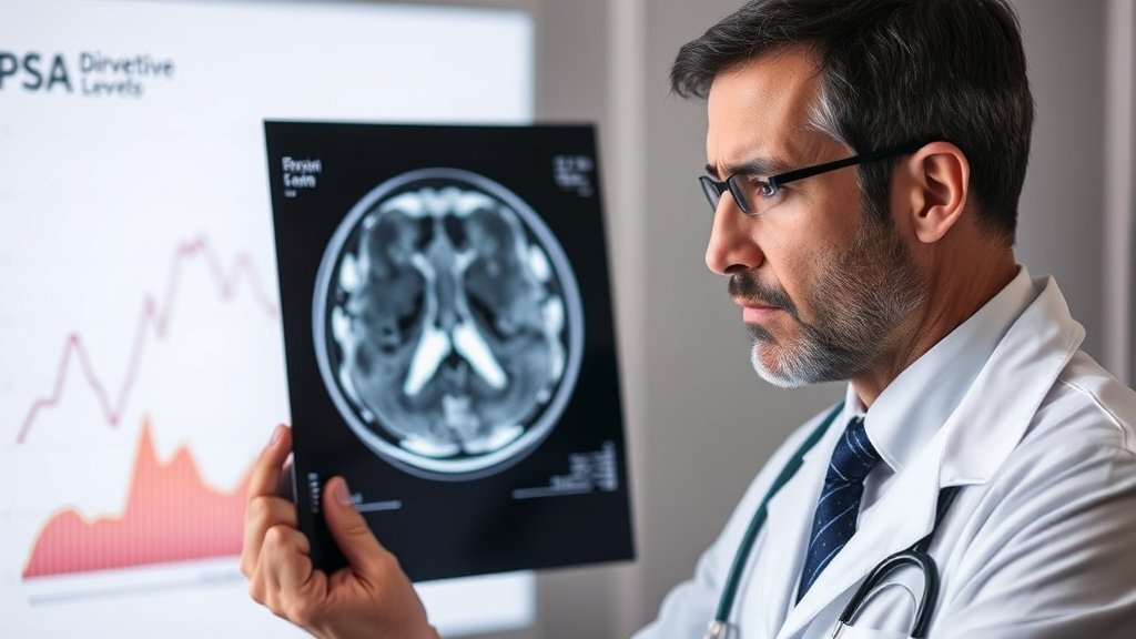 A medical professional examining a prostate MRI scan with a concerned expression, with a faint image of a graph showing PSA derivative levels in the background