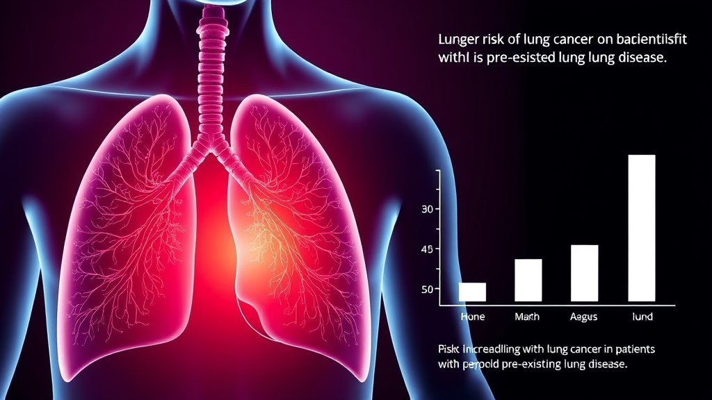 A medical illustration of the lungs with a highlighted area indicating lung cancer, alongside a graph showing the increased risk of lung cancer in patients with pre-existing lung disease.
