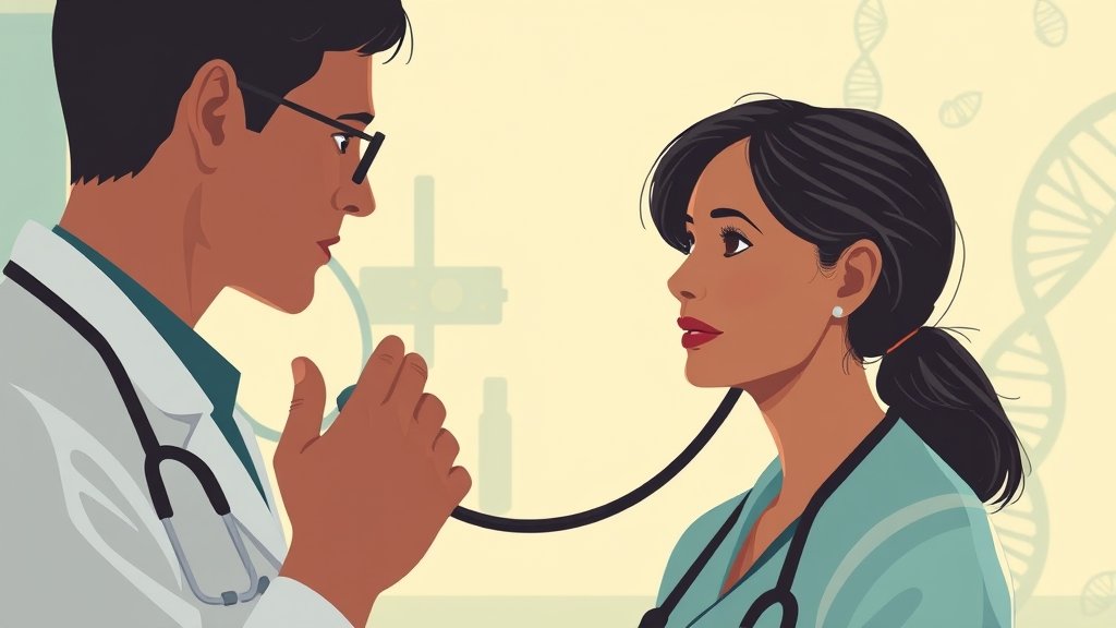 A detailed illustration of a doctor examining a patient with a stethoscope, with a subtle background of medical equipment and a faint image of a DNA helix, symbolizing the precision medicine approach to treating tuberculosis.