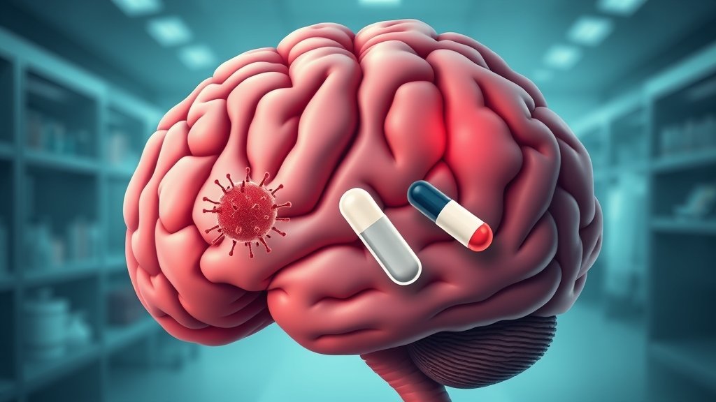 a detailed illustration of a brain with cancer cells and two medicines targeting them, with a subtle background of a laboratory or medical facility