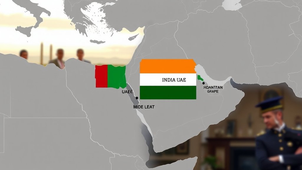 A map of the Middle East with India, UAE, and other Mediterranean QUAD countries highlighted, with a subtle background image of a diplomatic meeting or a peaceful landscape.
