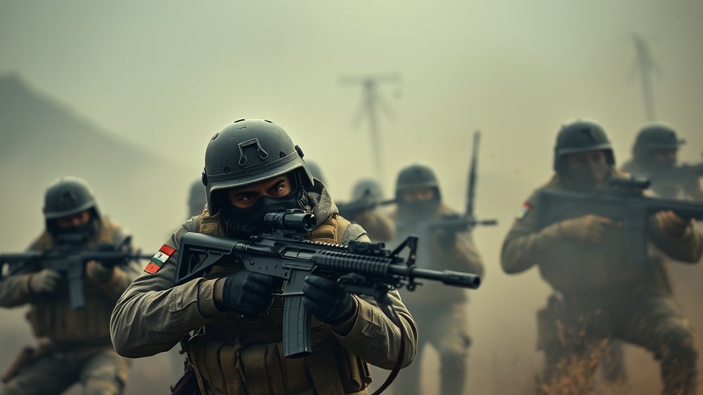 A dramatic and realistic image of the Indian Army in action during an encounter with terrorists in Jammu and Kashmir, with a focus on the bravery and selflessness of the soldiers.