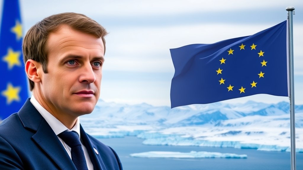 A photo of French President Emmanuel Macron and European Union flags with a subtle background of Greenland's landscape, symbolizing the geopolitical tensions and trade disputes.