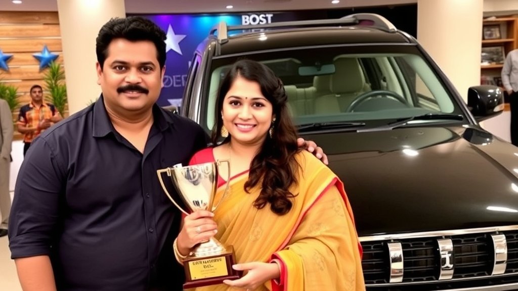 A photo of the Bigg Boss Kannada 12 winner, Gilli Nata, holding the trophy and standing next to Kichcha Sudeep, with a brand-new SUV in the background.