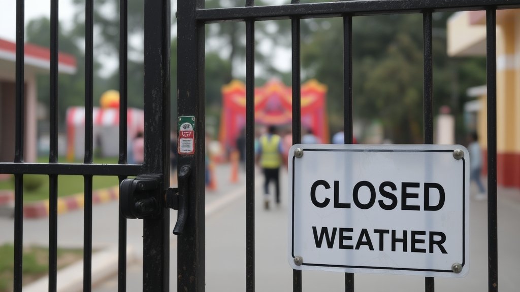 A photo of a closed school gate with a sign that reads "School Closed Due to Weather" in the background, with a faint image of a festival celebration in the distance.