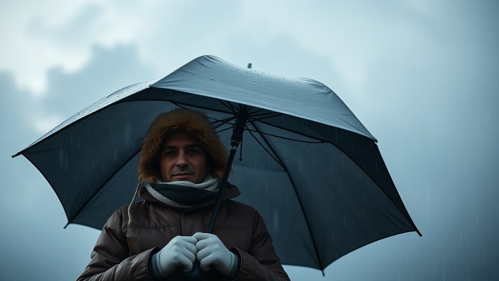 A photo of a person wearing warm clothes and holding an umbrella, with a dark cloud in the background and rain falling from the sky.