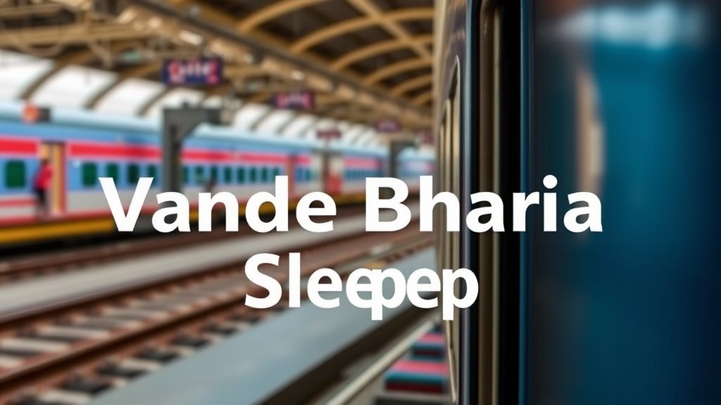 A photo of the Vande Bharat Sleeper train with a blurred background of a railway station, highlighting the train's modern design and comfortable seating.