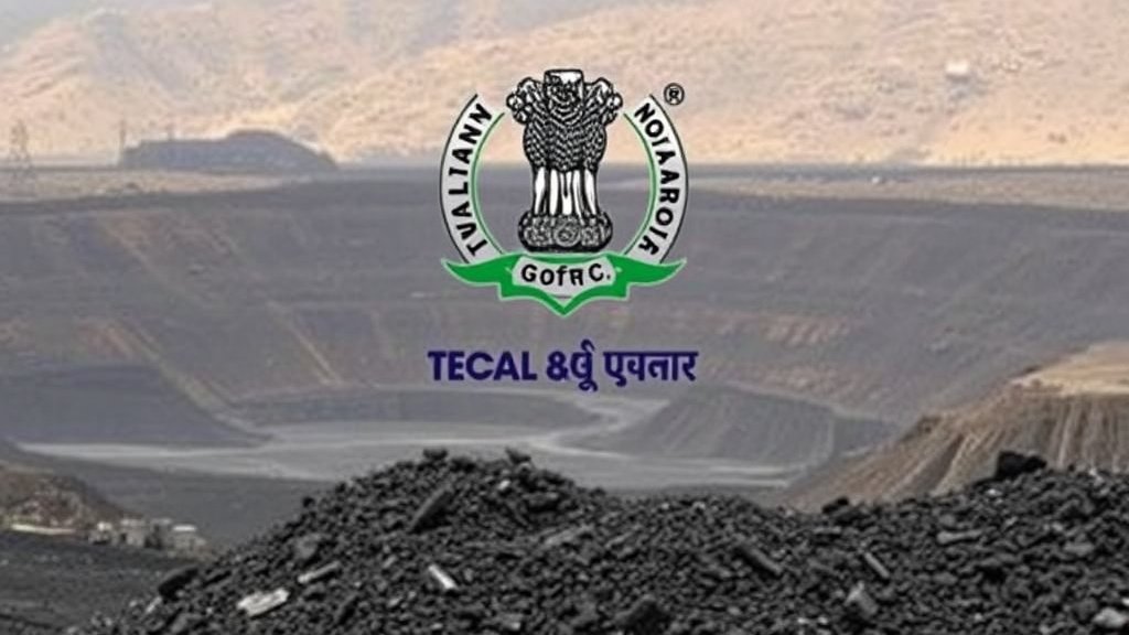 A photo of a coal mine with a Telangana government logo in the background, symbolizing the controversy surrounding the SCCL tender