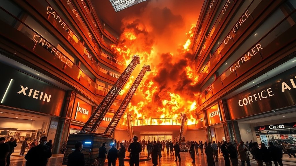 A massive fire engulfing a shopping mall in Karachi, Pakistan, with firefighters and rescue teams trying to put out the flames and rescue people trapped inside.