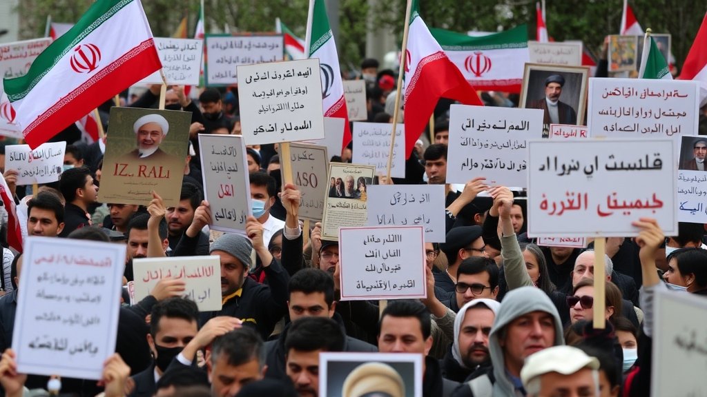 A photograph of a protest in Iran with a crowd of people holding signs and chanting slogans, with a subtle image of Ayatollah Khamenei in the background