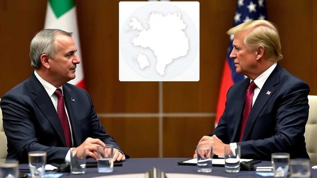 A photograph of the Italian Prime Minister and the US President meeting at a NATO summit, with a map of Greenland in the background