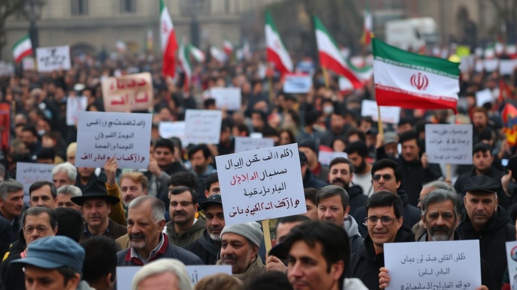 A photo of a large crowd of protesters in Iran, with a mix of men and women holding signs and banners, and a faint image of the Iranian flag in the background.