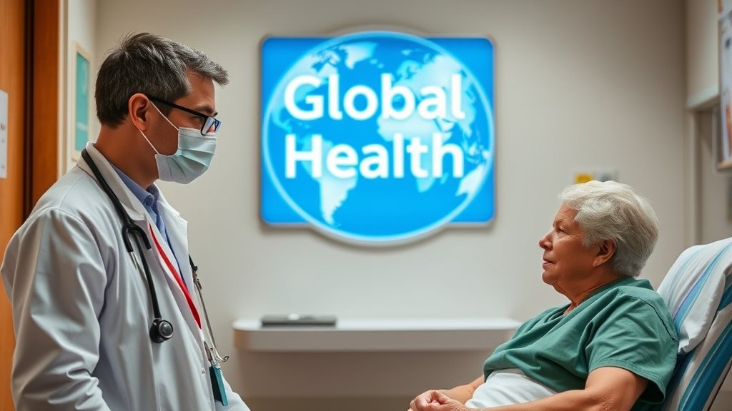 A picture of a doctor and a patient in a hospital with a sign that says "Global Health" in the background.