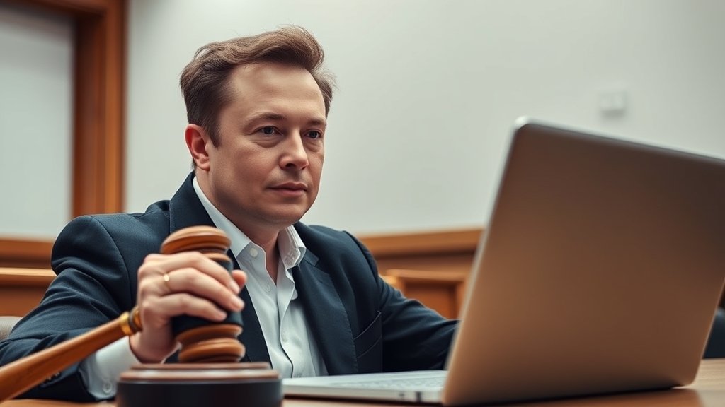 A picture of Elon Musk in a courtroom, with a gavel and a laptop with the OpenAI logo in the background.
