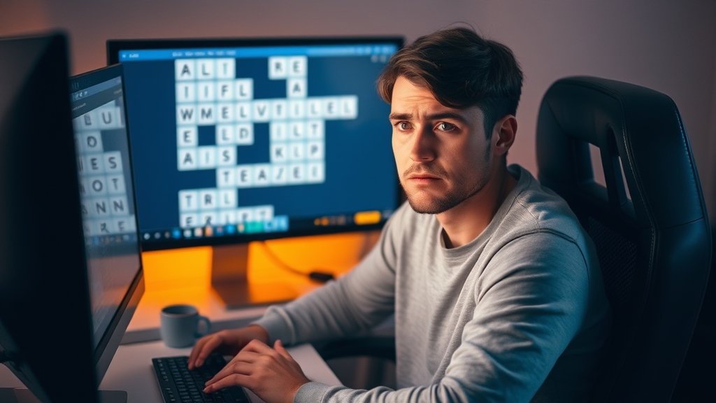 a person sitting in front of a computer screen with a puzzled expression, trying to solve a word puzzle game