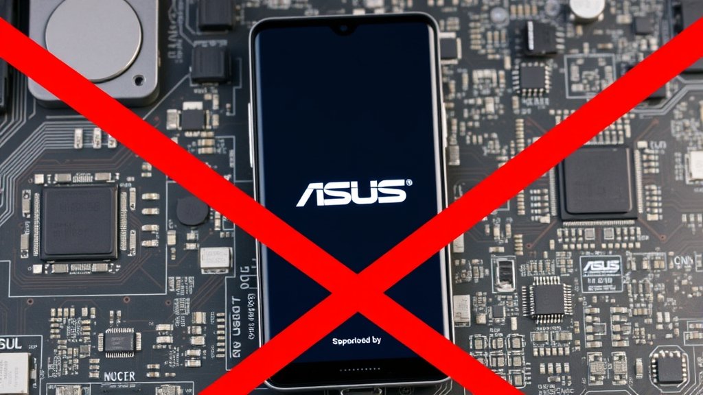 A photo of an ASUS smartphone with a red "X" marked through it, symbolizing the end of the company's smartphone production, with a background of AI-related components and circuit boards.