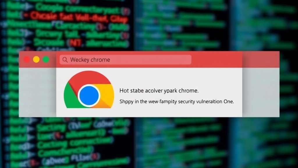 A screenshot of a Google Chrome browser with a red warning sign and a blurred background of coding lines, representing a high-severity security vulnerability.