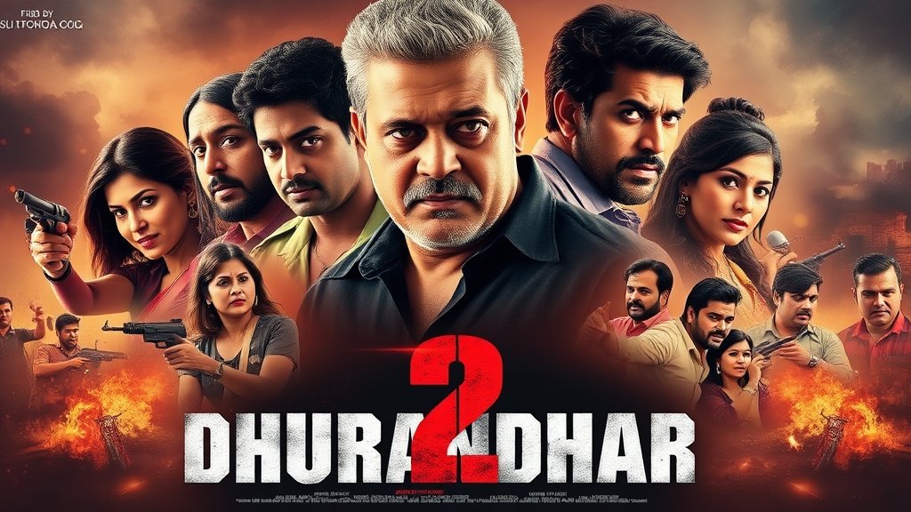 A dramatic poster of Dhurandhar 2 with its ensemble cast, set against a backdrop of action-packed sequences and emotional drama, with the title of the film emblazoned in bold, eye-catching letters.
