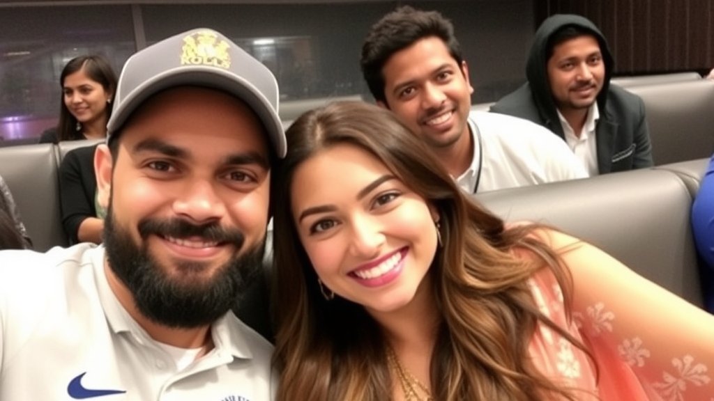 A photo of Virat Kohli and Anushka Sharma together, with Harshit Rana in the background, all smiling and having a good time.