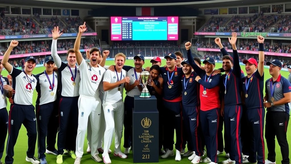 A photo of the England and Afghanistan under-19 cricket teams celebrating their victories in the 2026 U19 World Cup, with a background of a packed stadium and a scoreboard showing their winning scores.