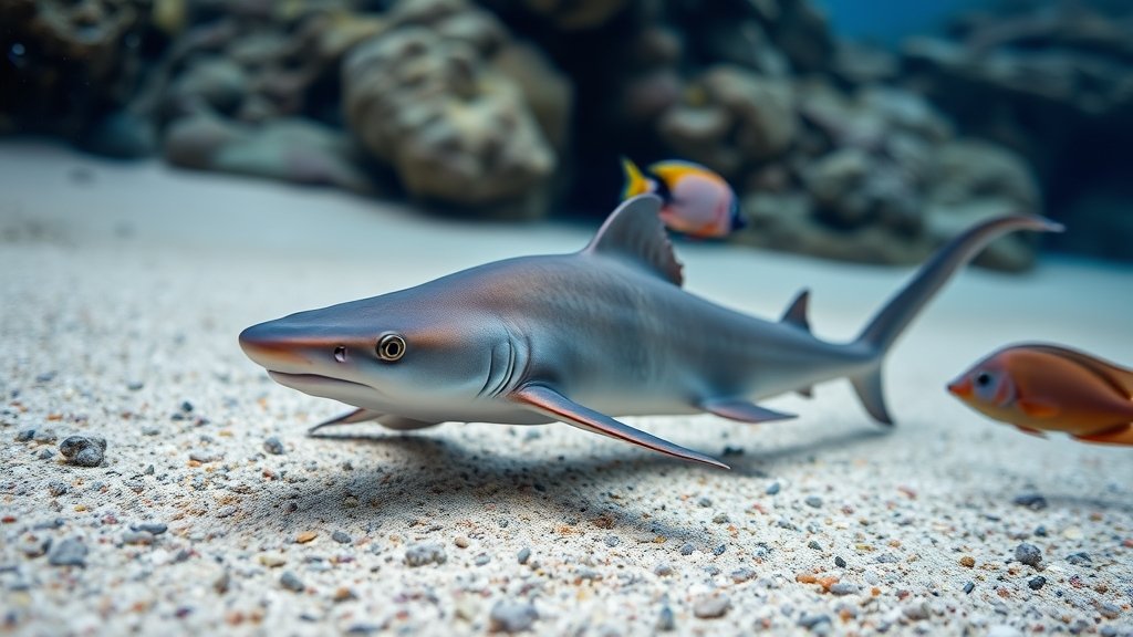 A photo of an epaulette shark walking on the ocean floor, with a blurred background of coral reefs and fish swimming nearby.