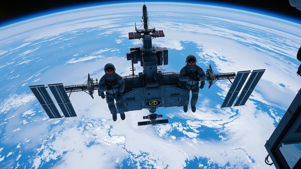 A high-resolution image of the International Space Station with the SpaceX Crew-11 astronauts in the foreground, surrounded by Earth's curvature, with a subtle contrast of day and night.