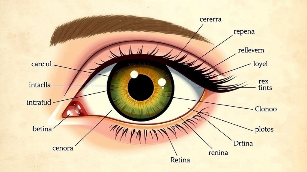 A detailed illustration of the human eye with various parts labeled, including the cornea, iris, and retina, with a subtle background texture resembling a medical journal page.