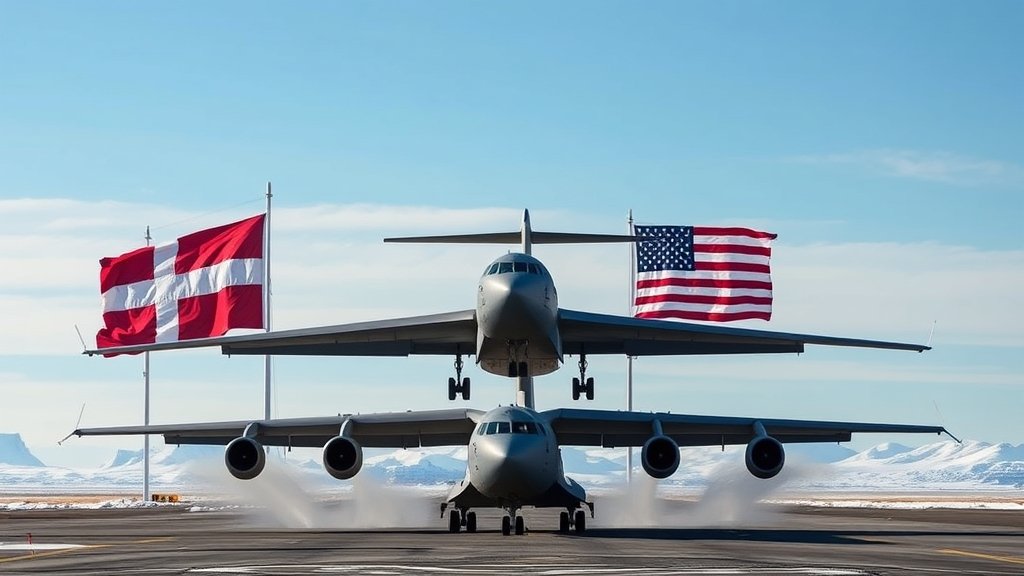A photograph of a US military aircraft landing at a Greenland airbase, with Danish and American flags in the background, symbolizing the complex geopolitical dynamics at play.