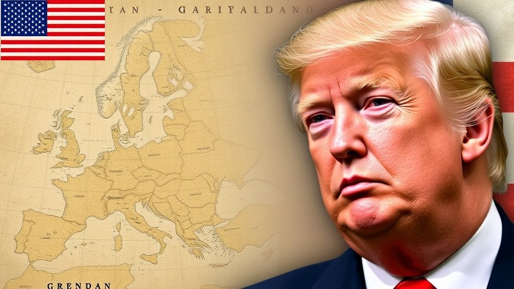 A photo of Donald Trump and a map of Greenland in the background, with a subtle hint of a trade war or diplomatic tension between the US and EU.