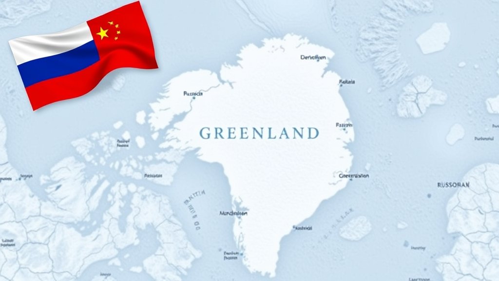 A map of Greenland with a background of Arctic ice and a subtle hint of the Russian and Chinese flags, symbolizing the geopolitical tensions in the region.