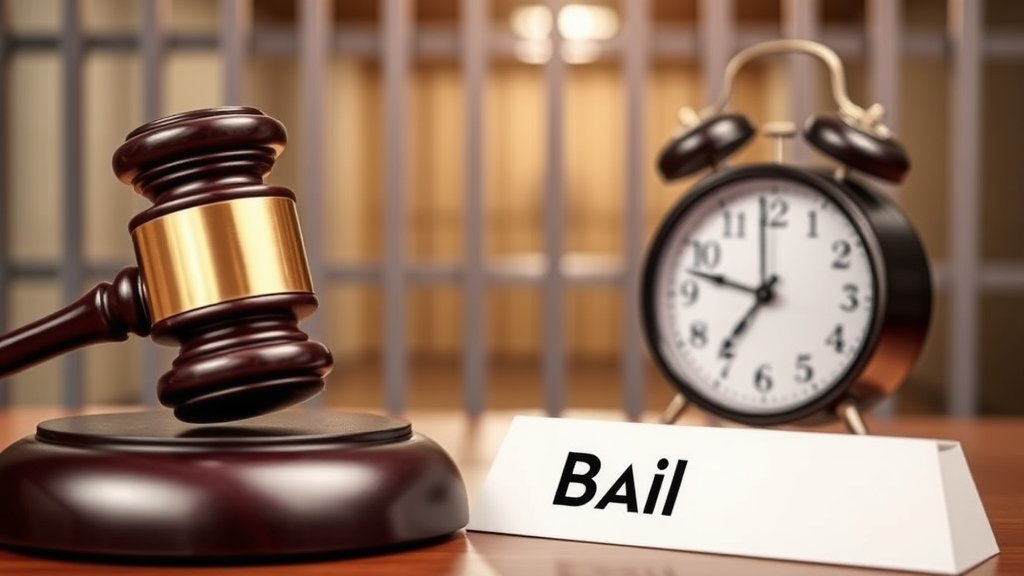 a picture of a judge's gavel and a clock, with a blurred background of a prison cell, symbolizing the concept of time and justice in the context of bail and conviction.