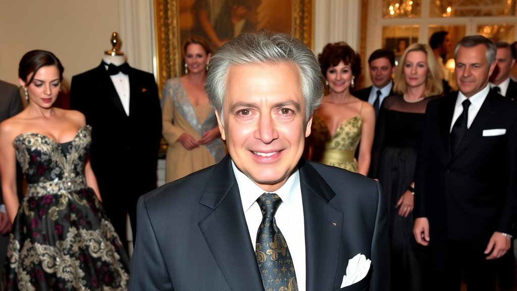 A photo of Valentino Garavani with some of his most famous designs and celebrity clients in the background