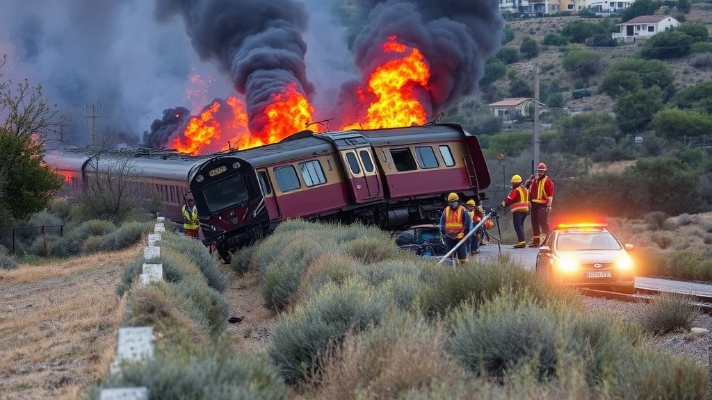 A dramatic image of a train crash in a rural area of Spain with rescue operations in progress