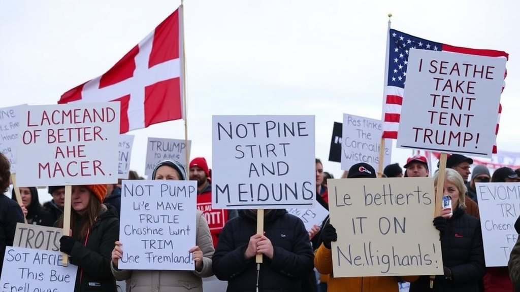 A picture of a protest in Greenland with people holding signs against Trump's statements, with a Danish and American flag in the background