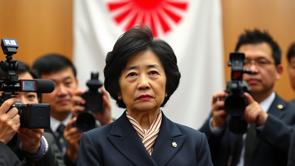 A photo of Japan's Prime Minister Sanae Takaichi standing in front of the Japanese flag, with a serious expression, surrounded by reporters and camera crews.