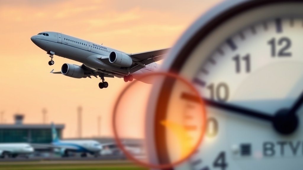 An image of a commercial airliner taking off, with a blurred background of airport terminals and a faint image of a clock or calendar in the foreground, symbolizing the impact of regulatory changes on air travel schedules.
