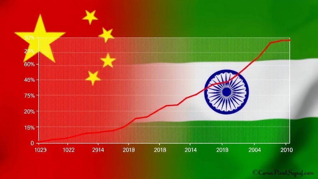 A graph showing the growth of digital currency transactions between BRICS nations, with a subtle background image of the Indian and Chinese flags
