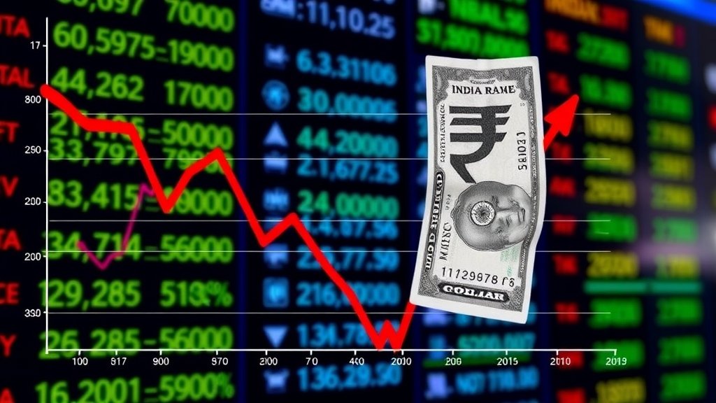 A graph showing the decline of the Indian rupee against the US dollar, with a background of a stock market screen displaying currency exchange rates.