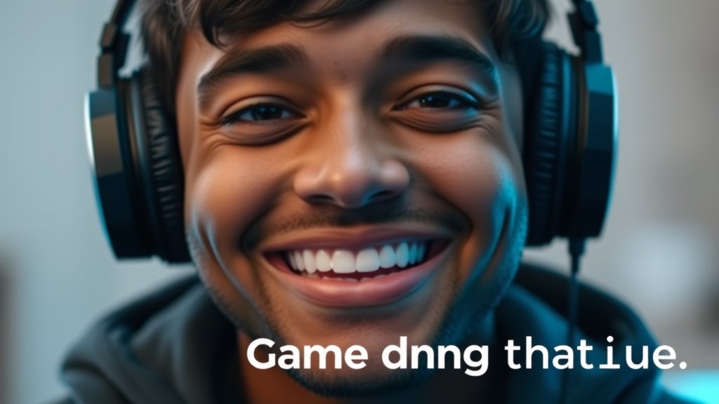 A close-up of a person wearing Sony headphones with a happy expression, highlighting the game-changing feature in the background