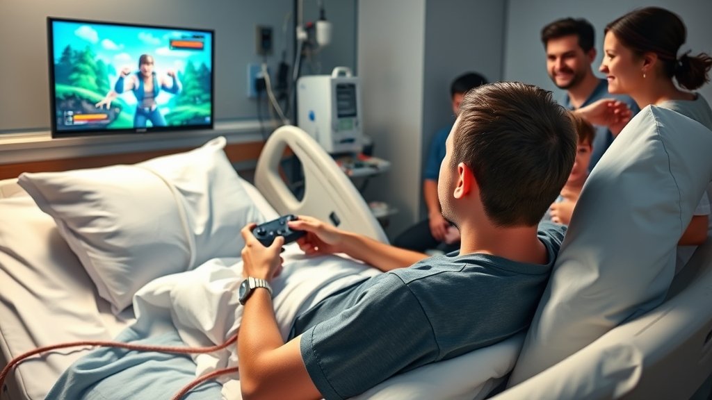 A photo of a person playing a video game in a hospital bed, with a console and a screen displaying the game, surrounded by medical equipment and a few loved ones, conveying a sense of hope and joy.